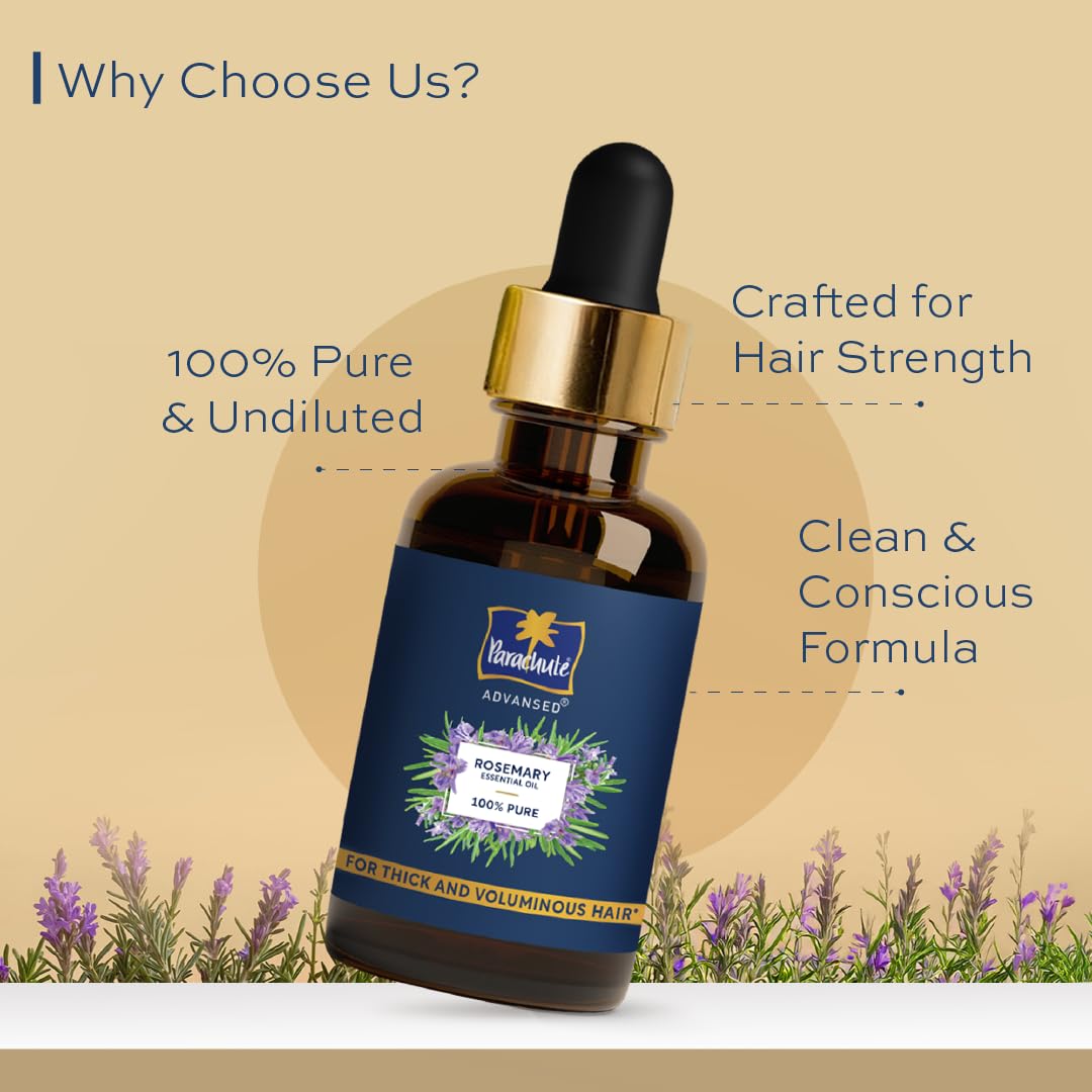 Parachute Advansed Rosemary Essential Oil | 100% Pure | for Thick & Voluminous Hair | Moisturises dry hair, Reduces hair breakage, Improves hair Resilience | 14ml
