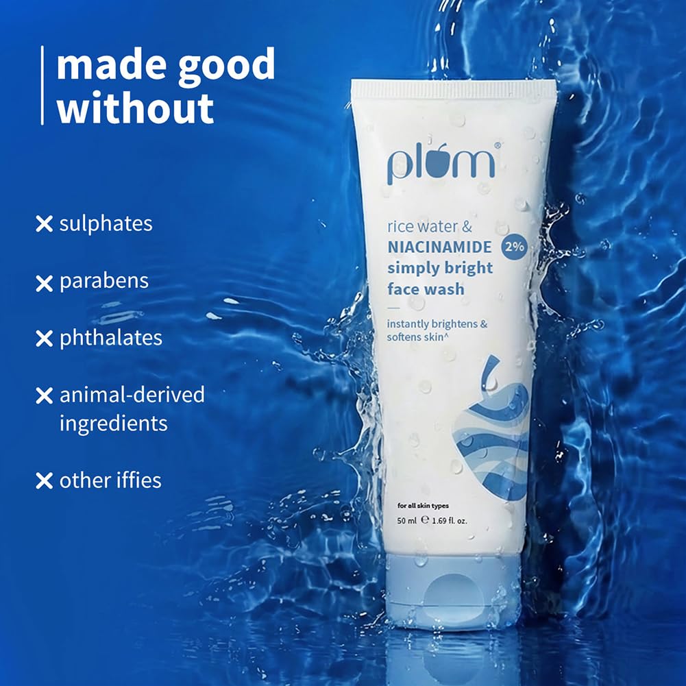 Plum Simply Bright 2% Niacinamide Face Wash With Rice Water | Brightens Skin, Helps Fade Blemishes | Softens & Smoothens Skin | Gentle & Non-Drying | Women & Men | 100% Vegan | 50 ml