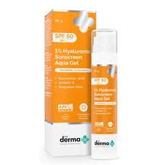 The Derma Co 1% Hyaluronic Sunscreen Aqua Gel SPF 50 PA++++ | Hyaluronic Acid for Deep, Long Lasting Hydration | Ultra Lightweight Texture I Non-Greasy, No White Cast | Broad Spectrum & Blue Light Protection | 50g