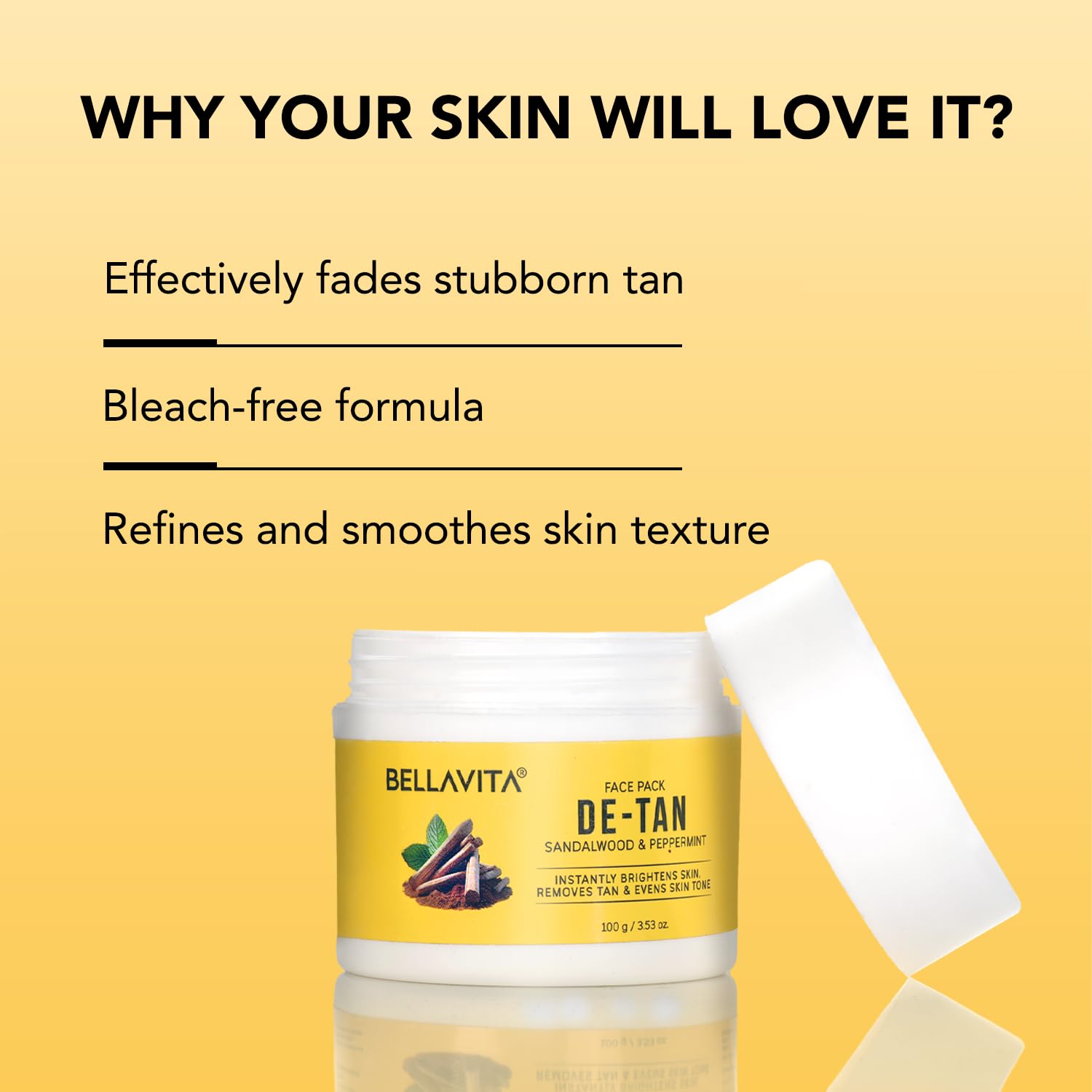 BELLAVITA De-Tan Face Pack | Enriched with Multani Mitti, Kaolin Clay, Yellow Clay & Sandalwood | Removes Tan, Brightens & Evens Skin Tone | For All Skin Types | Dermatologically Tested | 100 g