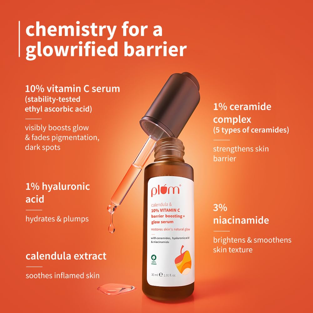 Plum 10% Vitamin C & Calendula Barrier Boosting + Glow Serum | Boosts glow from 1st use | Ceramides strengthens skin barrier | Niacinamide fights pigmentation & dark spots | Non-irritant| Men & Women | For all skin types | 30ml