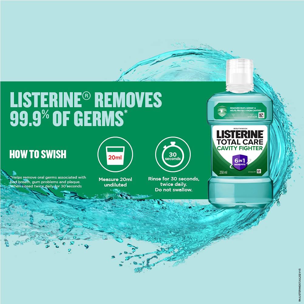 Listerine Cavity Fighter Mouthwash Liquid, Removes 99.9% Germs, prevents cavities, 250ml (Pack of 1)