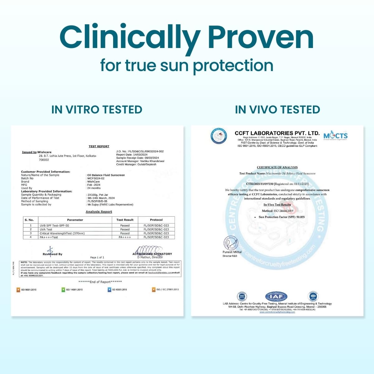 WishCare Niacinamide Oil Balance Fluid Sunscreen SPF 50 PA++++ In-Vivo Tested | 8Hrs+ SPF Protection | Lightweight, Matte & No White Cast | Photostable Sunscreen SPF 50 | 50 ml