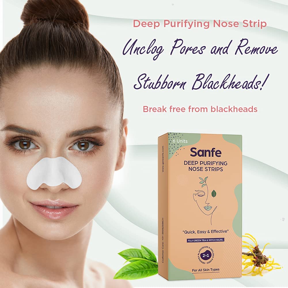 Sanfe Deep Purifying Nose Strips for Women & Men - With Fuji Green Tea & Witch Hazel extracts | Removes Whiteheads | Blackheads and cleanses pores (Pack of 6) | Instant Result