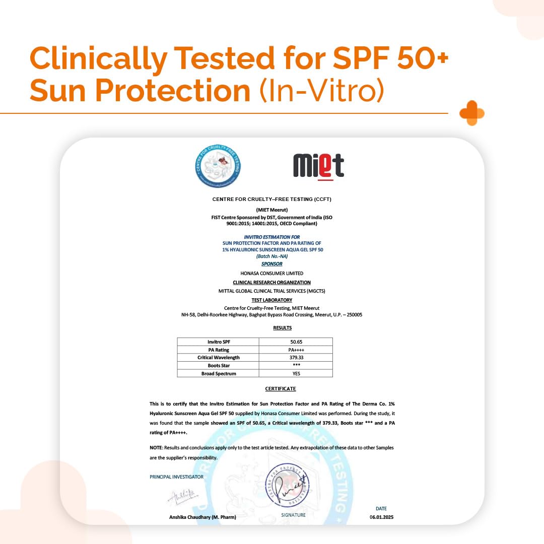 The Derma Co 1% Hyaluronic Sunscreen Aqua Gel SPF 50 PA++++ | Hyaluronic Acid for Deep, Long Lasting Hydration | Ultra Lightweight Texture I Non-Greasy, No White Cast | Broad Spectrum & Blue Light Protection | 50g