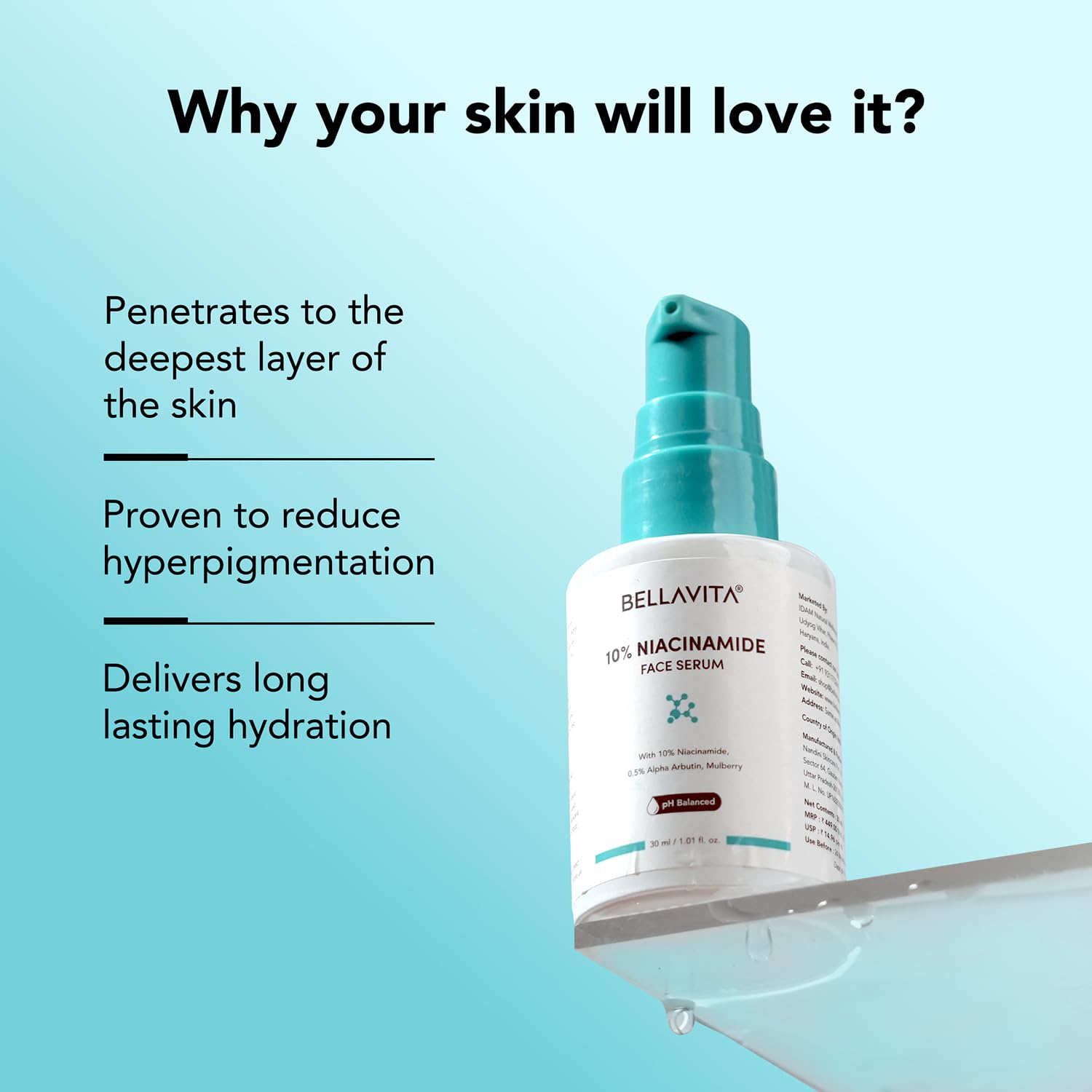 BELLAVITA Niacinamide Face Serum | 10% Niacinamide, 0.5% Alpha Arbutin & Hyaluronic Acid | Treats Pigmentation | Repairs Skin Barrier | pH Balanced | Non-Irritating | Non-Sticky | Brightening Formula For Men and Women | 30 ml
