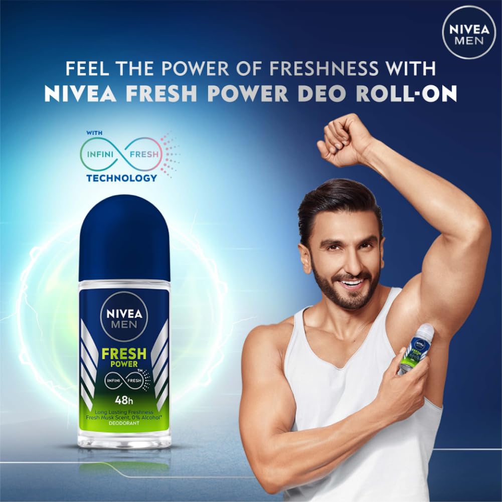 NIVEA MEN Fresh Power Underarm Roll-On Deodorant | 72 H Long Lasting Freshness | Fights bacteria and body odour | Fresh musk fragrance | 0% Alcohol | Dermatologically Approved & Paraben Free Formula | 50ml