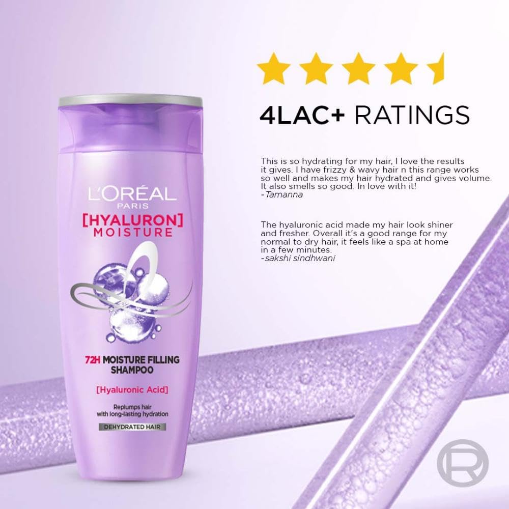 L Oréal Paris Moisture Filling Shampoo, With Hyaluronic Acid, For Dry & Dehydrated Hair, Adds Shine & Bounce, Hyaluron Moisture 72H, 340ml