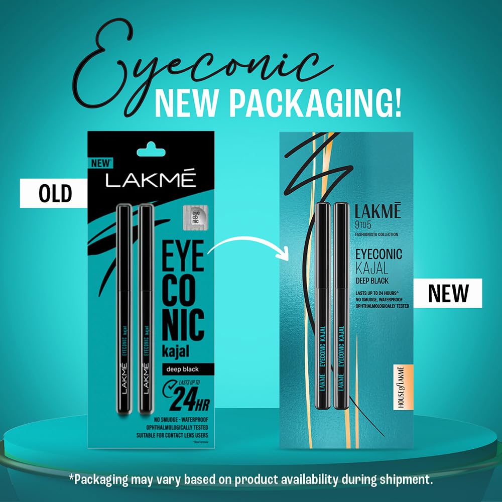 LAKMÉ 9 to 5 Eyeconic Kajal Twin Pack, Matte Waterproof Kohl, Smudge Proof Kajal Pencils that lasts hours, Pack of 2- Deep Black, 0.35g