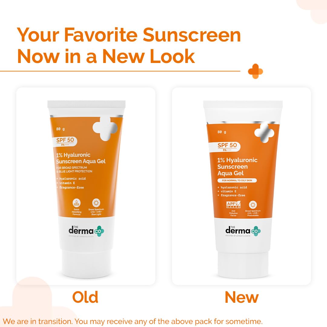 The Derma Co 1% Hyaluronic Sunscreen Aqua Gel SPF 50 PA++++ | Hyaluronic Acid for Deep, Long Lasting Hydration | Ultra Lightweight Texture I Non-Greasy, No White Cast | Broad Spectrum Protection & Blue Light Protection | Clinically Tested - (In -Vivo) | T
