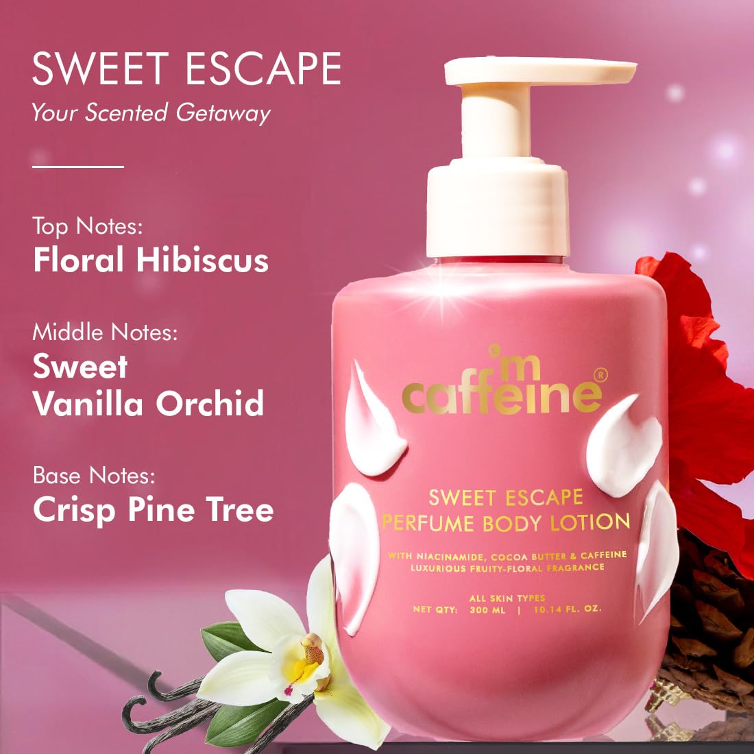 mCaffeine Sweet Escape Perfume Body Lotion 300ml | Niacinamide, Cocoa & Shea Butter | Deep Moisturization for Women & Men | Lightweight, Non-Sticky & Daily Use | Fruity-Floral Fragrance