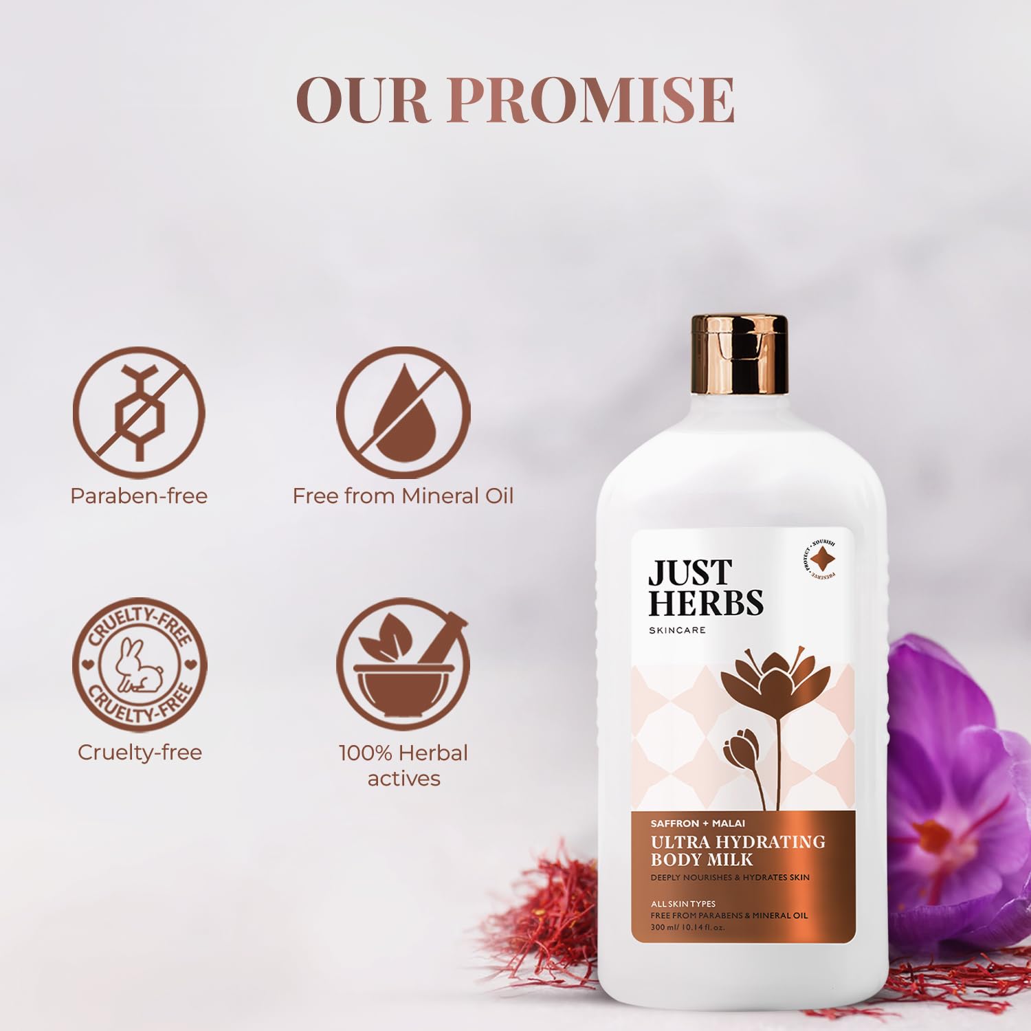 Just Herbs Saffron + Malai Nourishing Body Milk Moisturizer for Men & Women | Hydrating Body Lotion for Dull, Tired & Dry Skin | Suits All Skin Types - 300 ml