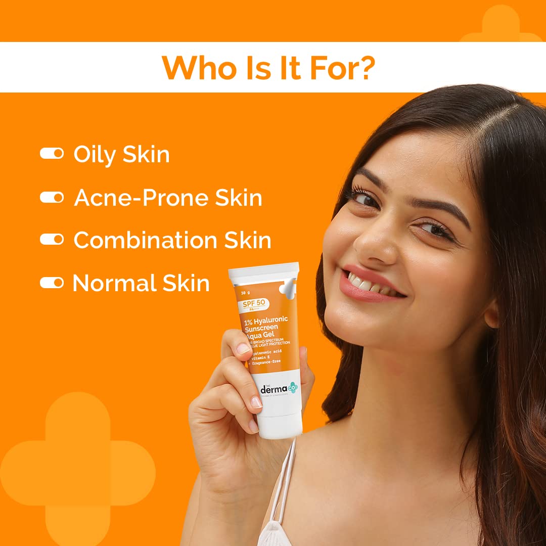 The Derma Co 1% Hyaluronic Sunscreen Aqua Gel SPF 50 PA++++ | Hyaluronic Acid for Deep, Long Lasting Hydration | Ultra Lightweight Texture I Non-Greasy, No White Cast | Broad Spectrum Protection & Blue Light Protection | Clinically Tested, 30G