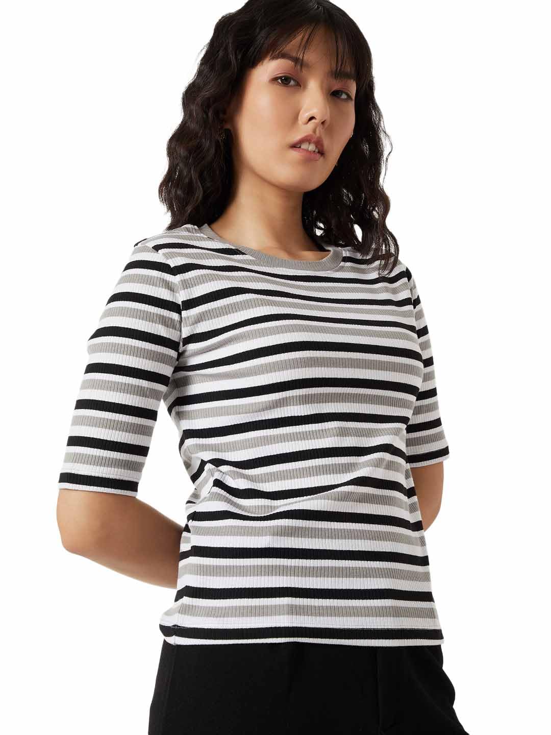 Max Women Striped Ribbed T-Shirt Regular Fit