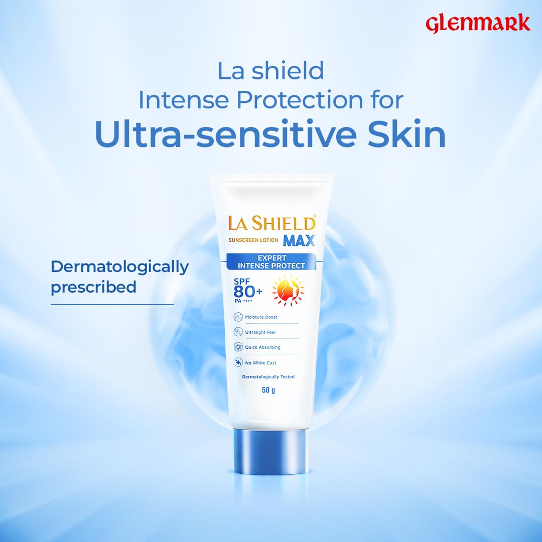 La Shield Max SPF 80+ Sunscreen Lotion | PA++++ | Intense sun protection | For Highly sensitive skin | Moisture Boost Formula | Lightweight | Hydrating Sunscreen | 50gm