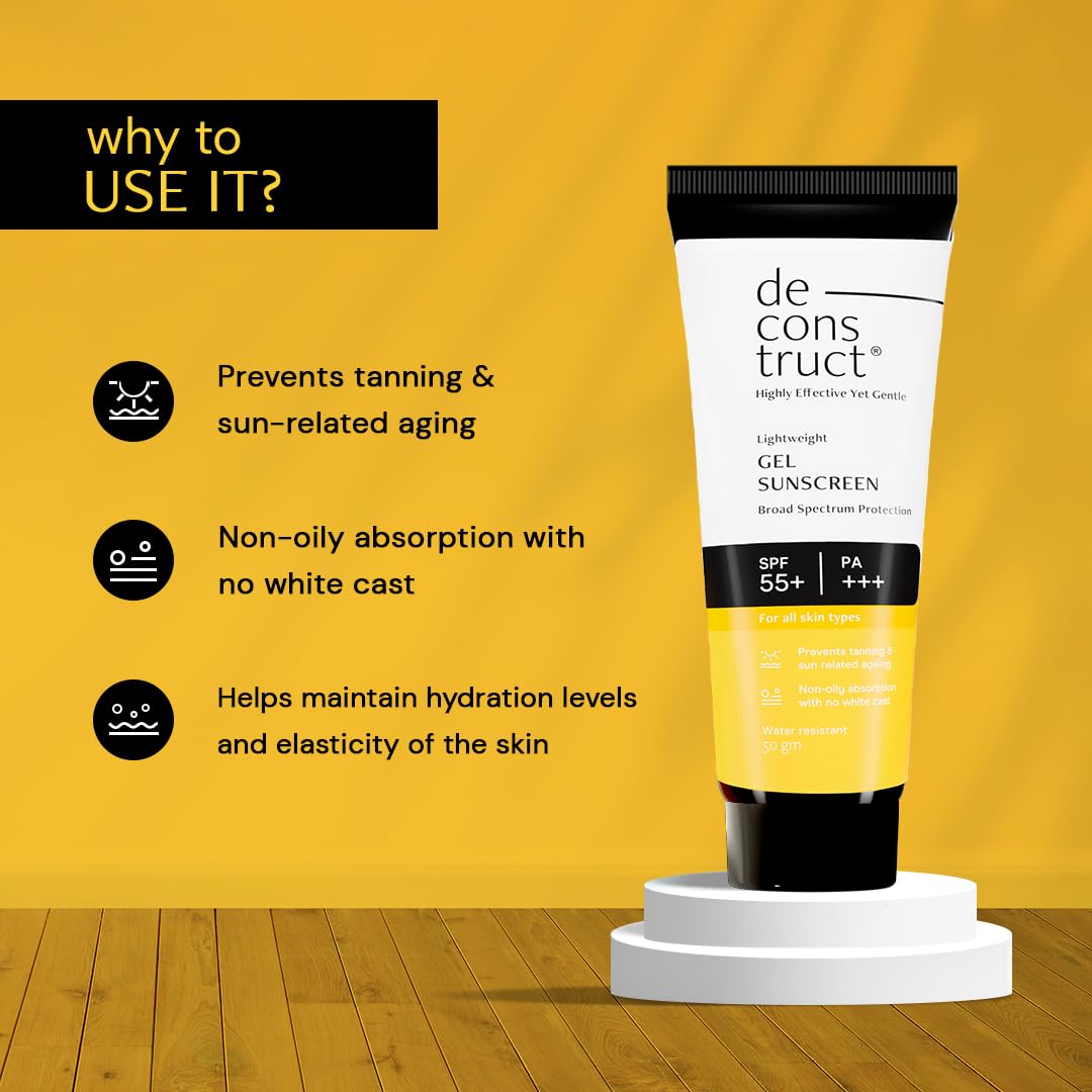 Deconstruct Face Gel Sunscreen SPF 50 + and PA+++ | Gel based sunscreen for oily, combination skin, normal skin | Broad spectrum sunscreen, No White Cast, Lightweight - 50g