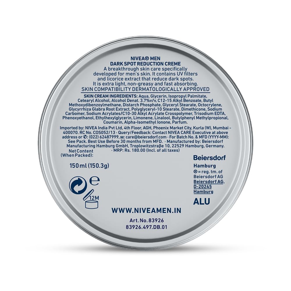 Nivea Men Creme, Dark Spot Reduction, Non Greasy Moisturizer, Cream With Uv Protect, 150 ml