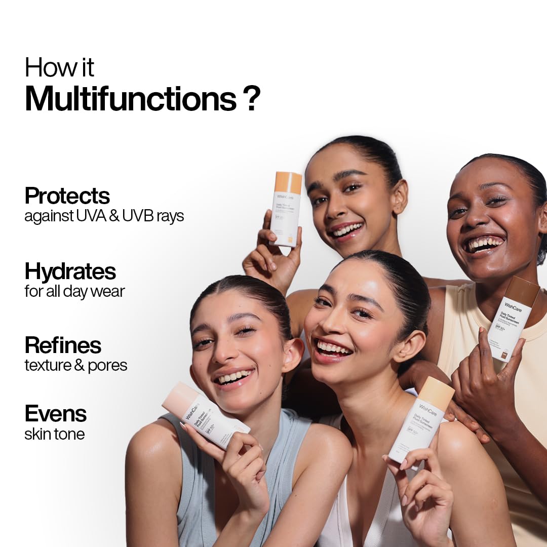 WishCare Daily Fluid Tinted Sunscreen SPF50 PA++++| L102 | Broad Spectrum Protection for all skin types | In-Vivo Tested Tinted Sun Screen | D-Panthenol, Niacinamide, Ectoin & Ginseng | 50ml