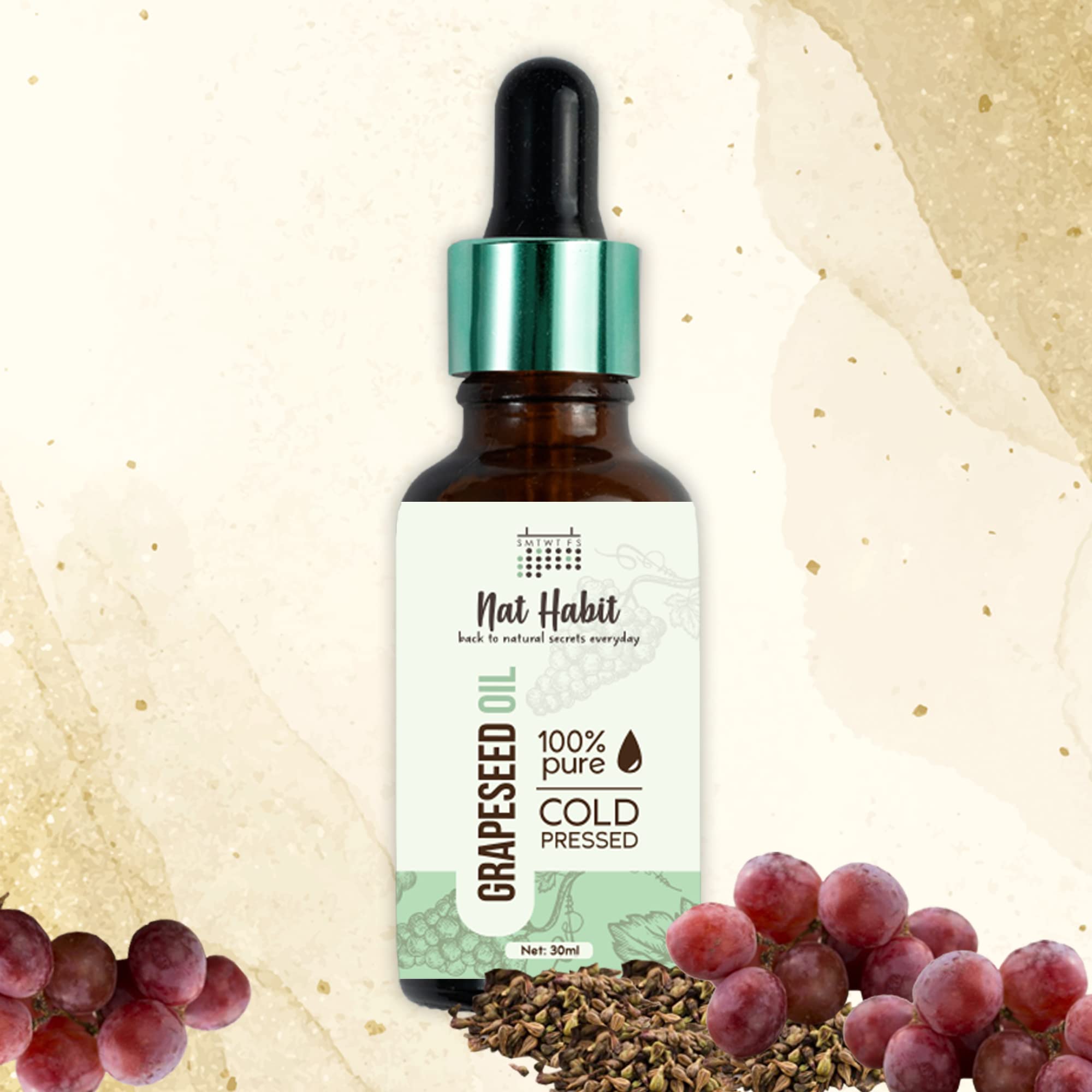 Nat Habit Grapeseed Oil, 30ml - Unisex, Natural, Body & Hair Oil - Unscented, Allergen-Free, Travel-Sized - Adults with Skin & Hair Care Concerns