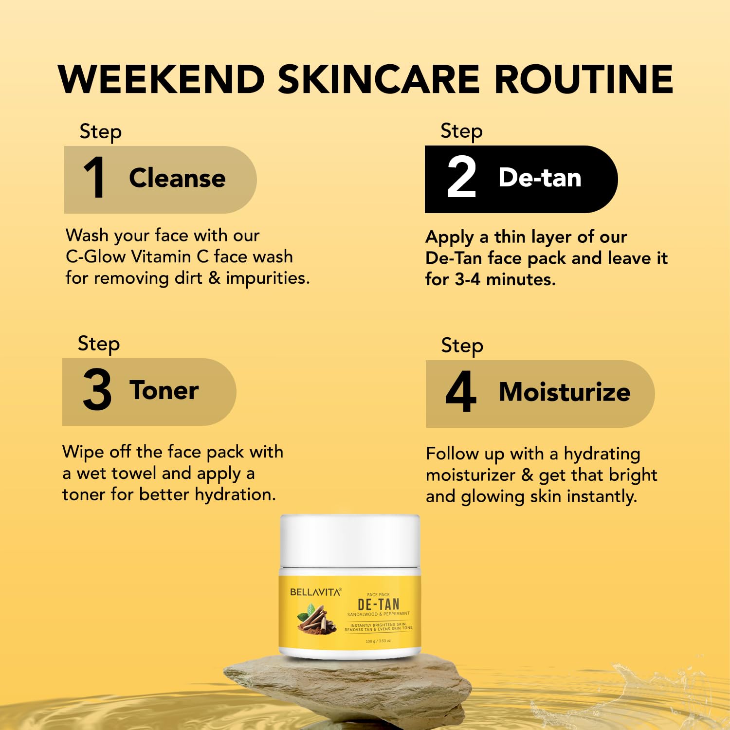 BELLAVITA De-Tan Face Pack | Enriched with Multani Mitti, Kaolin Clay, Yellow Clay & Sandalwood | Removes Tan, Brightens & Evens Skin Tone | For All Skin Types | Dermatologically Tested | 100 g