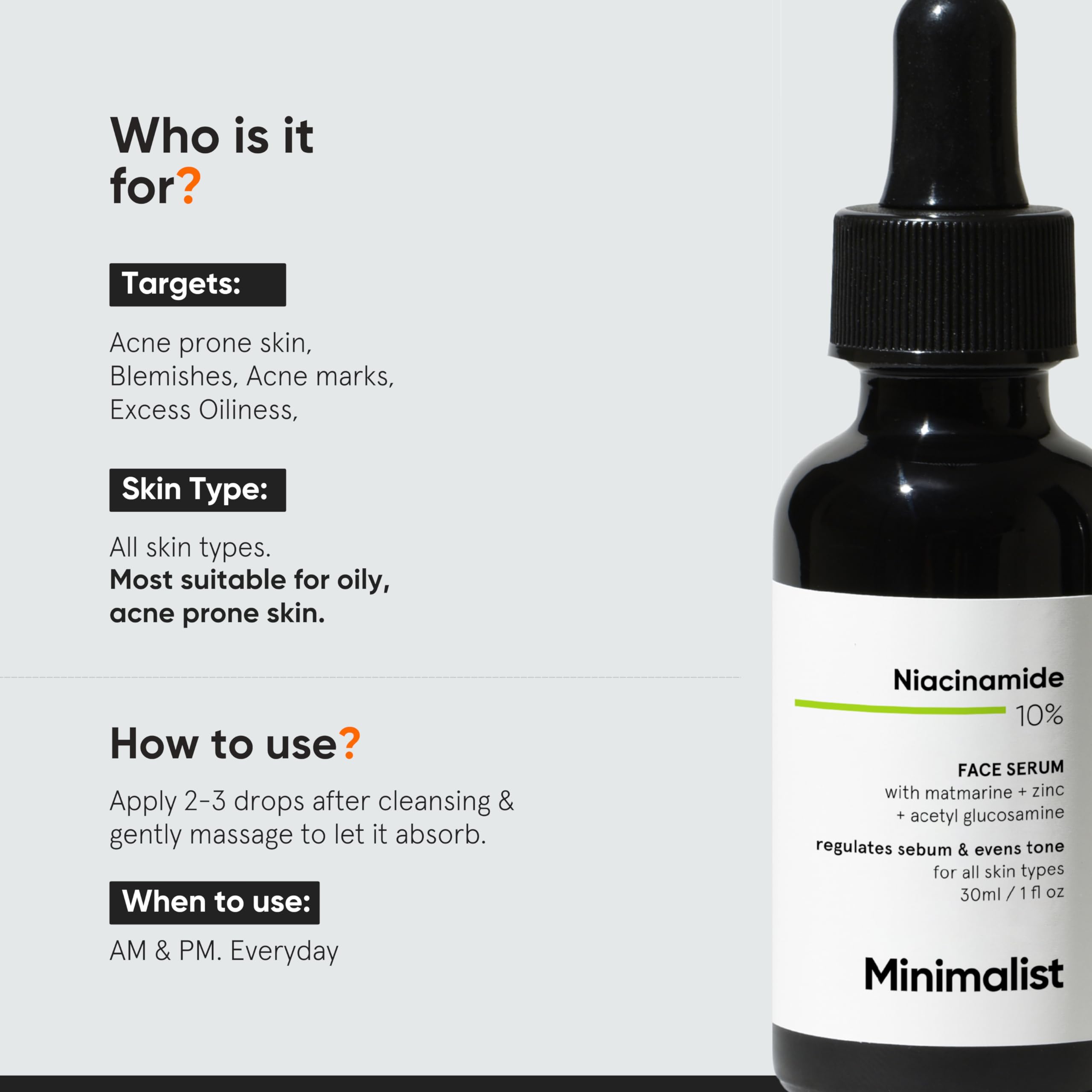 Minimalist 10% Niacinamide Serum with Zinc – Reduces Acne Marks, Controls Oil & Minimizes Pores | Vitamin B3 for Blemish-Free, Clear Skin | For Oily & Acne-Prone Skin (30 ml)
