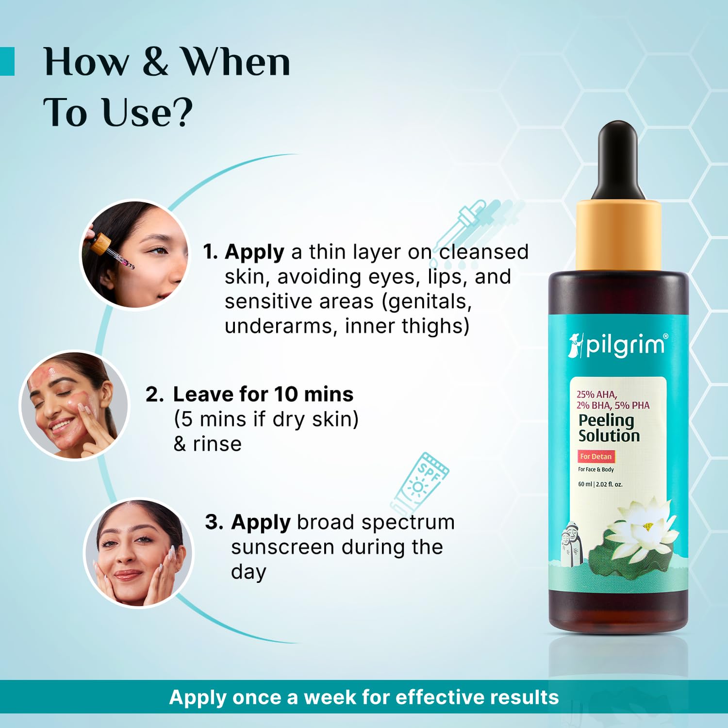 Pilgrim 25% AHA + 2% BHA + 5% PHA Peeling Solution 60ml For Face & Body |10-Minute Facial At Home|Gentle Exfoliating Serum for Tan Removal |For Glowing Skin, Even Skin Tone, Pore Cleansing |Men, Women