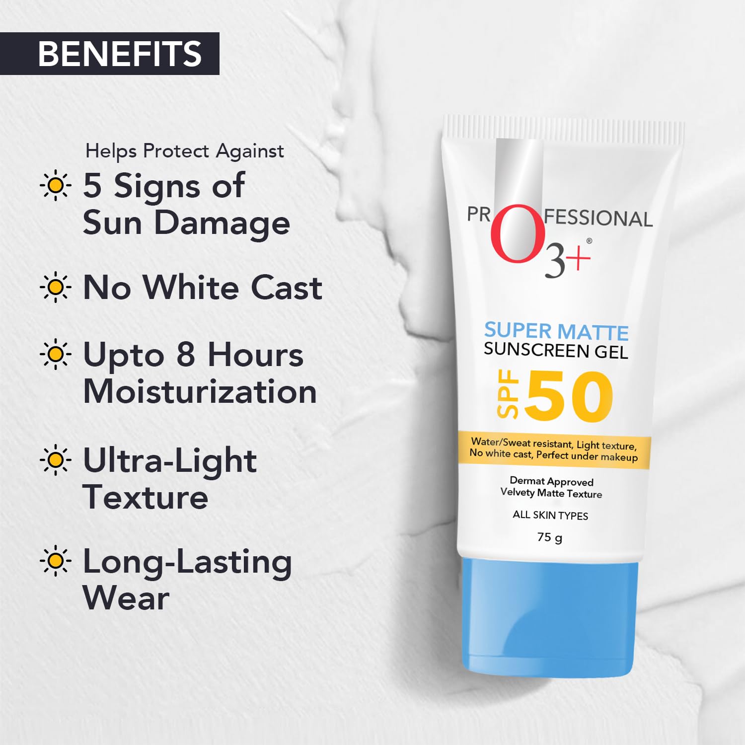 O3+ Super Matte Sunscreen Gel SPF 50 PA ++++ With Niacinamide & Hyaluronic acid Suitable for Normal, Oily and Acne Prone skin for Women and Men | 75g