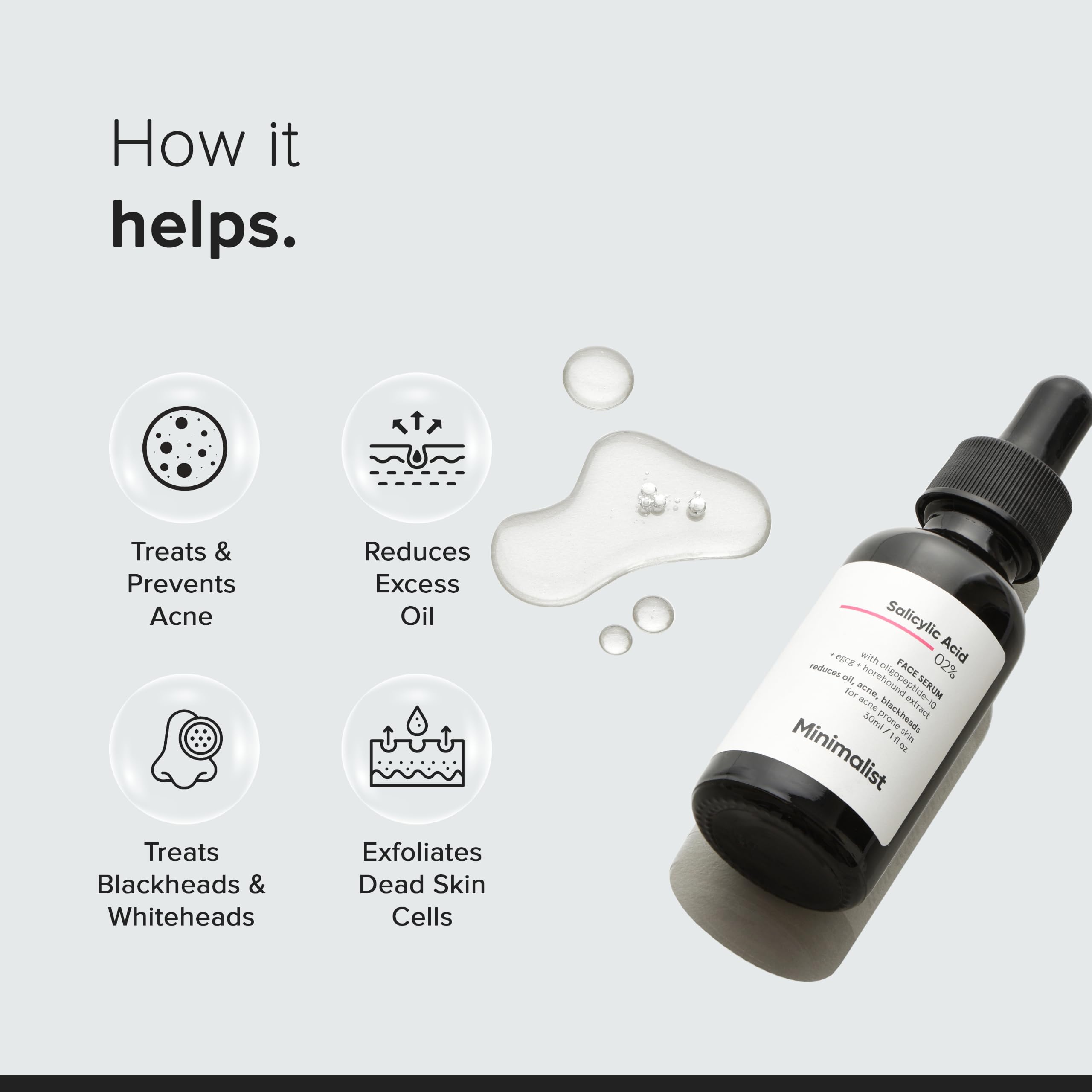 Minimalist 2% Salicylic Acid Serum for Acne & Blackheads | BHA Exfoliating Anti Acne Serum for Pore Cleansing & Oil Control | Pore Tightening Treatment for Oily & Acne-Prone Skin | 30ml
