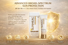 Sun-heal Ultra Matte Gel Sunscreen SPF 50+ PA++++ | UVA/UVB/IR Protection | Oil-Free & Non-Comedogenic | Water & Sweat Resistant | Anti-Ageing Peptide Formula | 50g