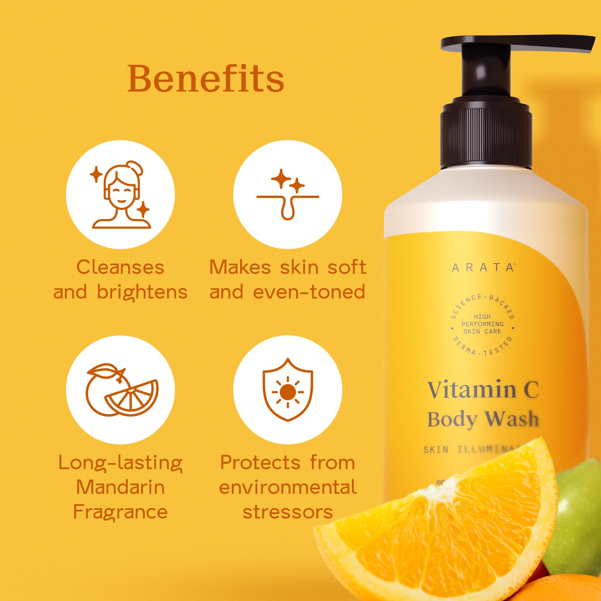 Arata 1% Vitamin C Daily Glow Body Wash For Soft & Even Toned Skin | Helps to Reduce Fades Dark Spots & Pigmentation | Long Lasting Fragrance | No Parabens No Sulfates | 300ML