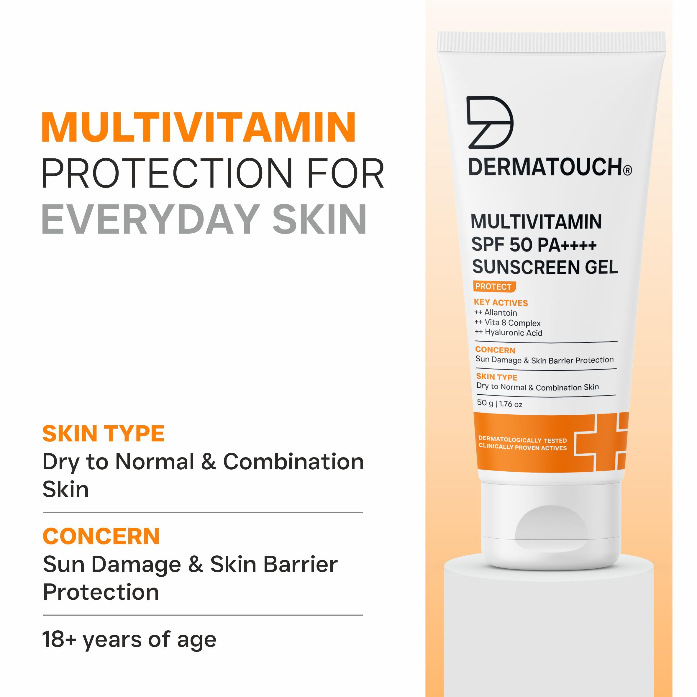 DERMATOUCH Multivitamin SPF 50 PA++++ Sunscreen Gel | Broad Spectrum UVA-UVB Protection | Zero White Cast | Helps Reduce Sun Damage & Skin Barrier Protection | For All Skin Types | 50g