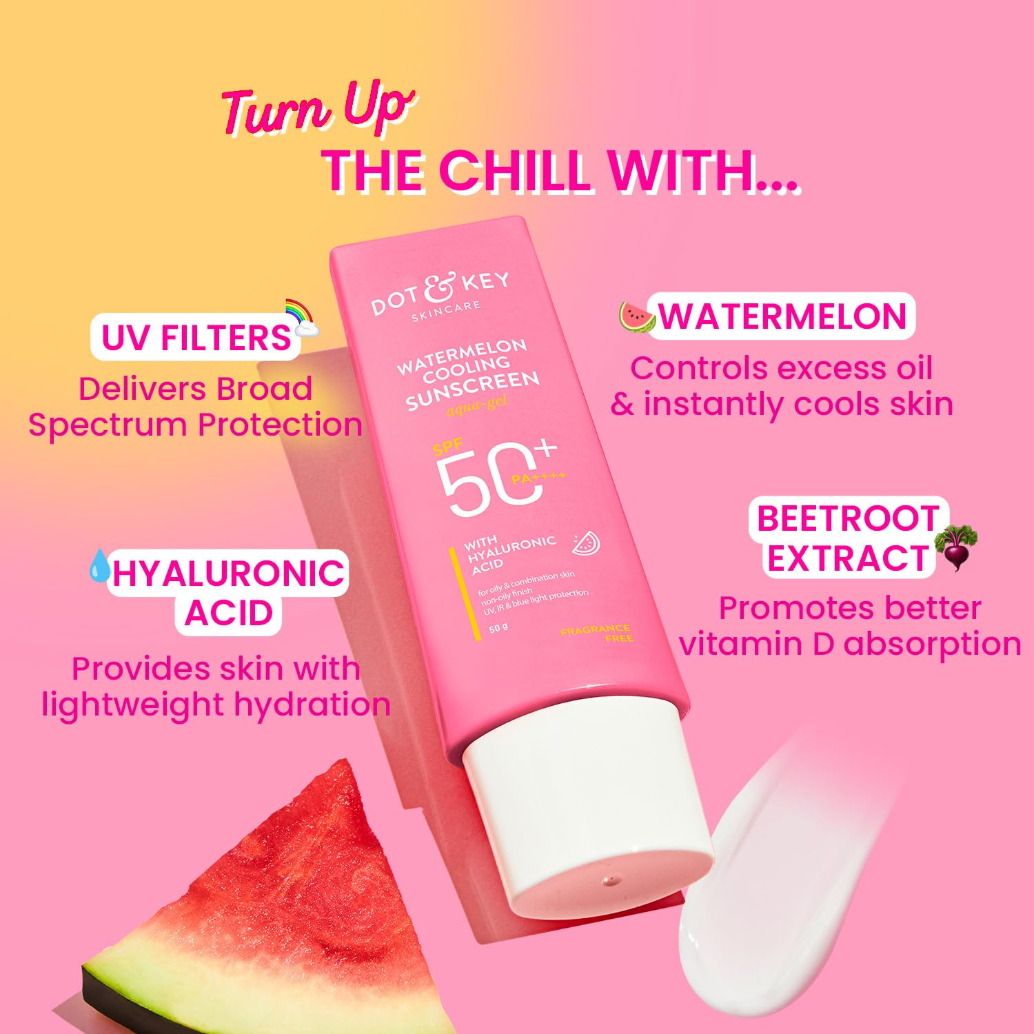 Dot & Key Watermelon Cooling Sunscreen SPF 50+ PA++++ | With Hyaluronic Acid, Instantly Cools Skin, Broad Spectrum Protection | Controls Excess Oil, Checks Tanning, No White Cast, All Skin Types | 50g