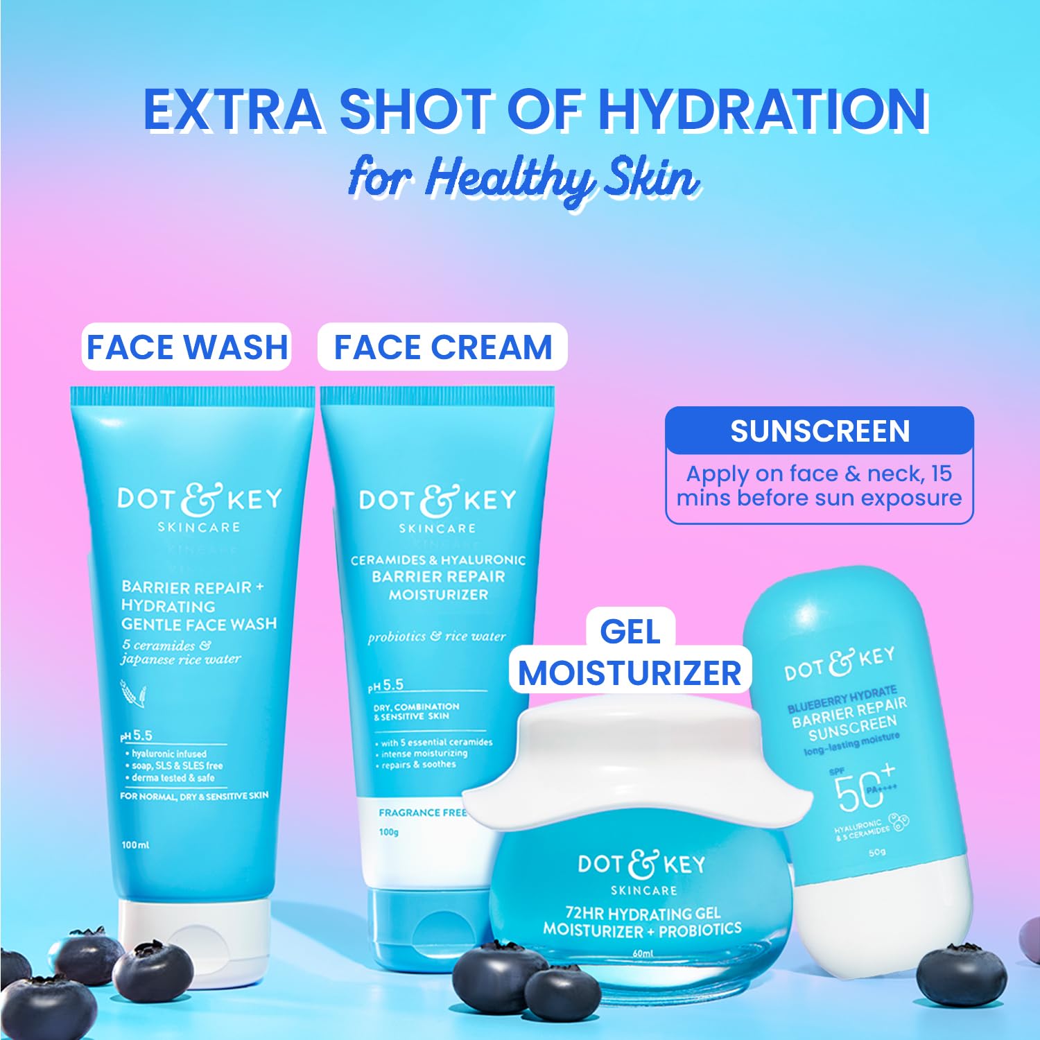 Dot & Key Blueberry Hydrate Barrier Repair Sunscreen In-Vivo Tested SPF 50+ PA++++ | With Ceramides & Hyaluronic, Hydrates & Protects Skin | Repairs Damaged Skin, Lightweight, Non-Sticky, Non-Greasy | 50g