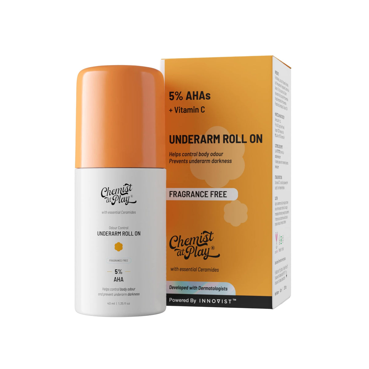 Chemist at Play UnderArm Roll-On with 5% AHA, Lactic Acid & 1% Mandelic Acid | Prevents Body Odour, Brightens Skin & Exfoliates Underarm | For Sensitive Skin | Fragrance Free | Alcohol Free - 40ml
