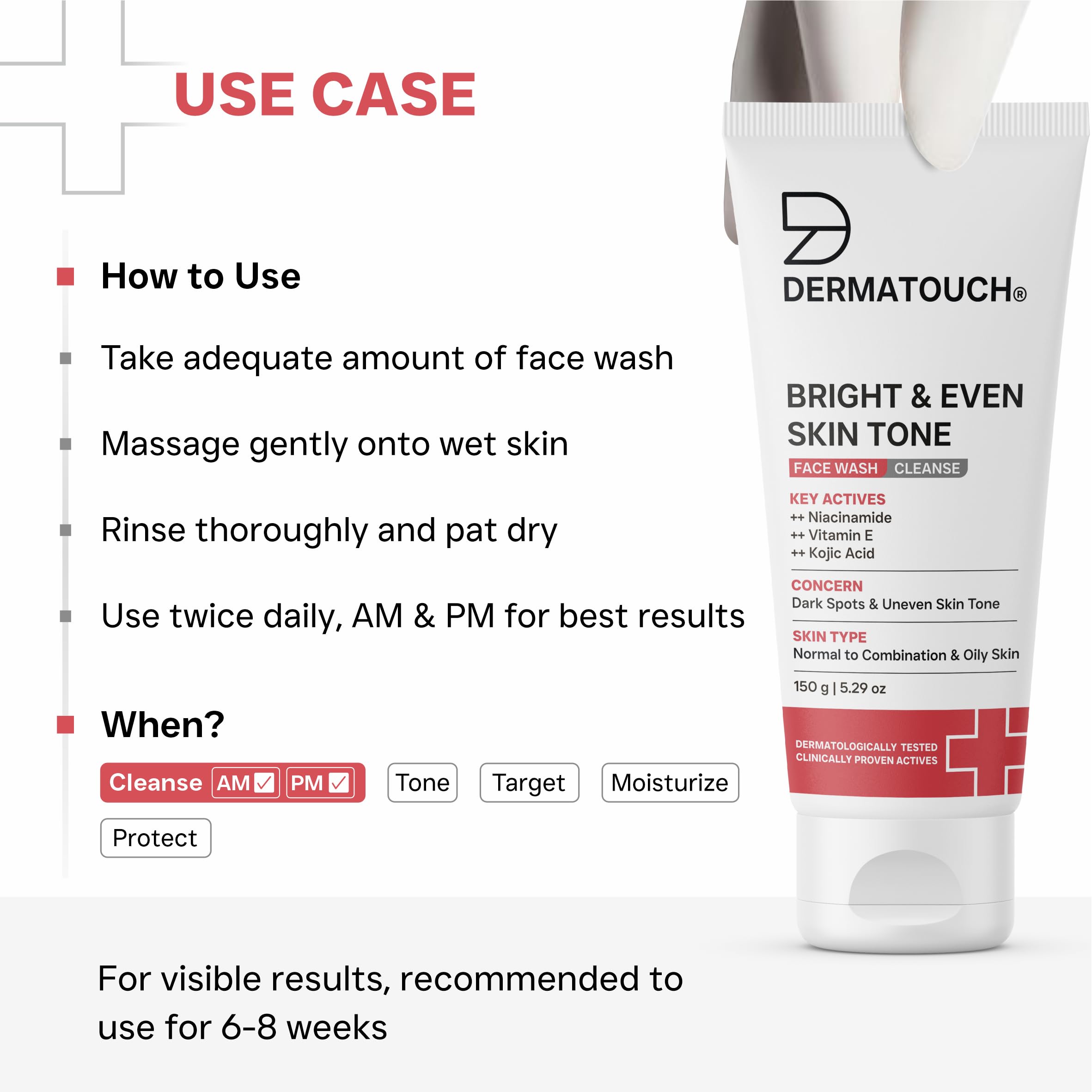 DERMATOUCH Bright & Even Tone Face Wash with Niacinamide, Vitamin E and Kojic Acid | For Tan, Pigmentation Dark Spots & Uneven Skin Tone | Oil Control | Dermatologist Tested | For Men & Women | 150g