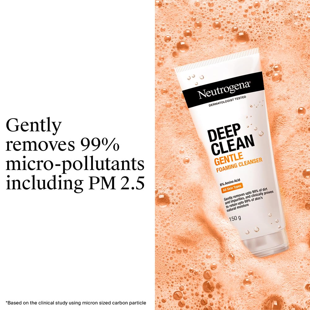New & upgraded Neutrogena Deep Clean Foaming Cleanser | Hydrating, non drying | Gentle Formula | Skin pH Friendly | Anti pollution facewash, removes PM 2.5 | Daily Cleansing | 150g