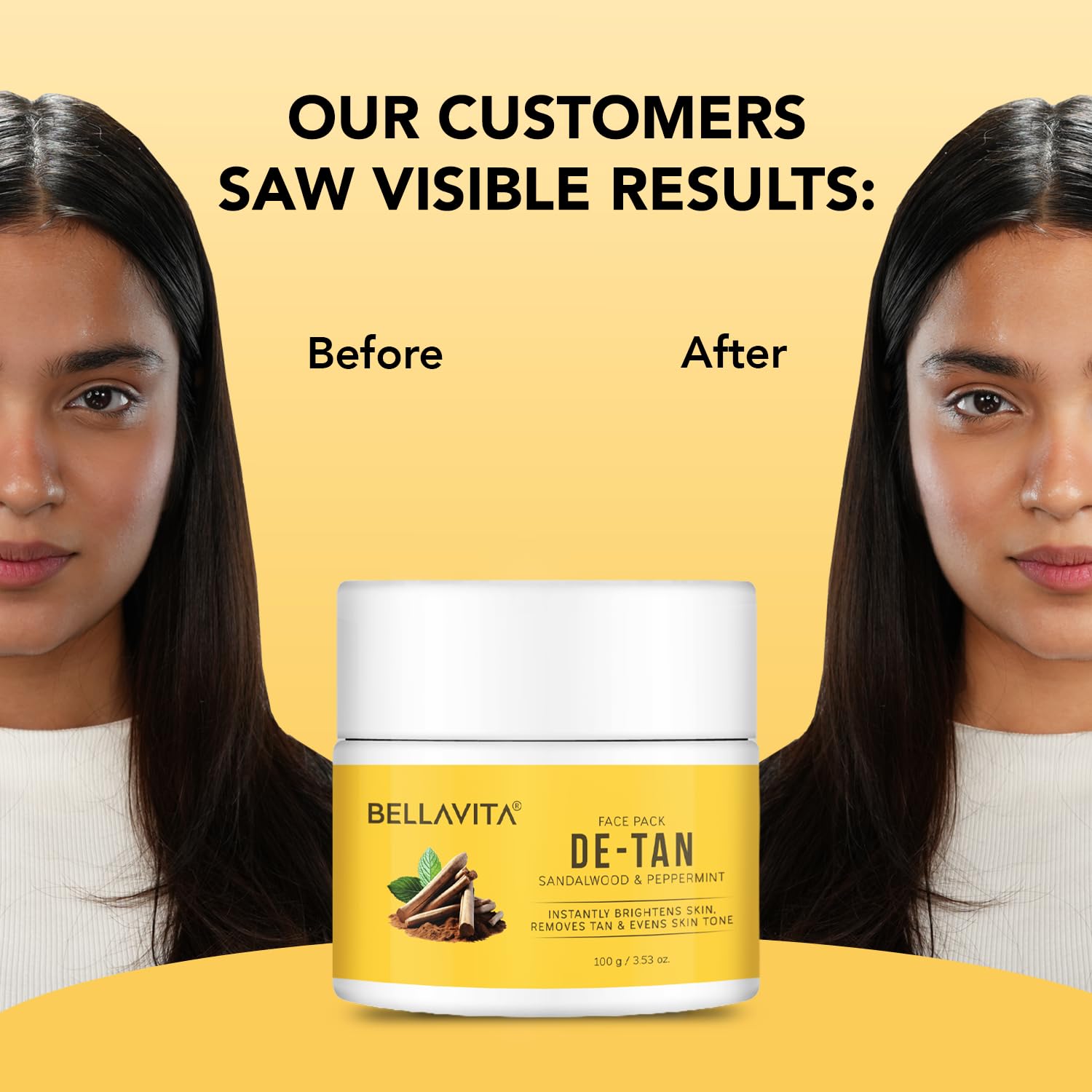 BELLAVITA De-Tan Face Pack | Enriched with Multani Mitti, Kaolin Clay, Yellow Clay & Sandalwood | Removes Tan, Brightens & Evens Skin Tone | For All Skin Types | Dermatologically Tested | 100 g