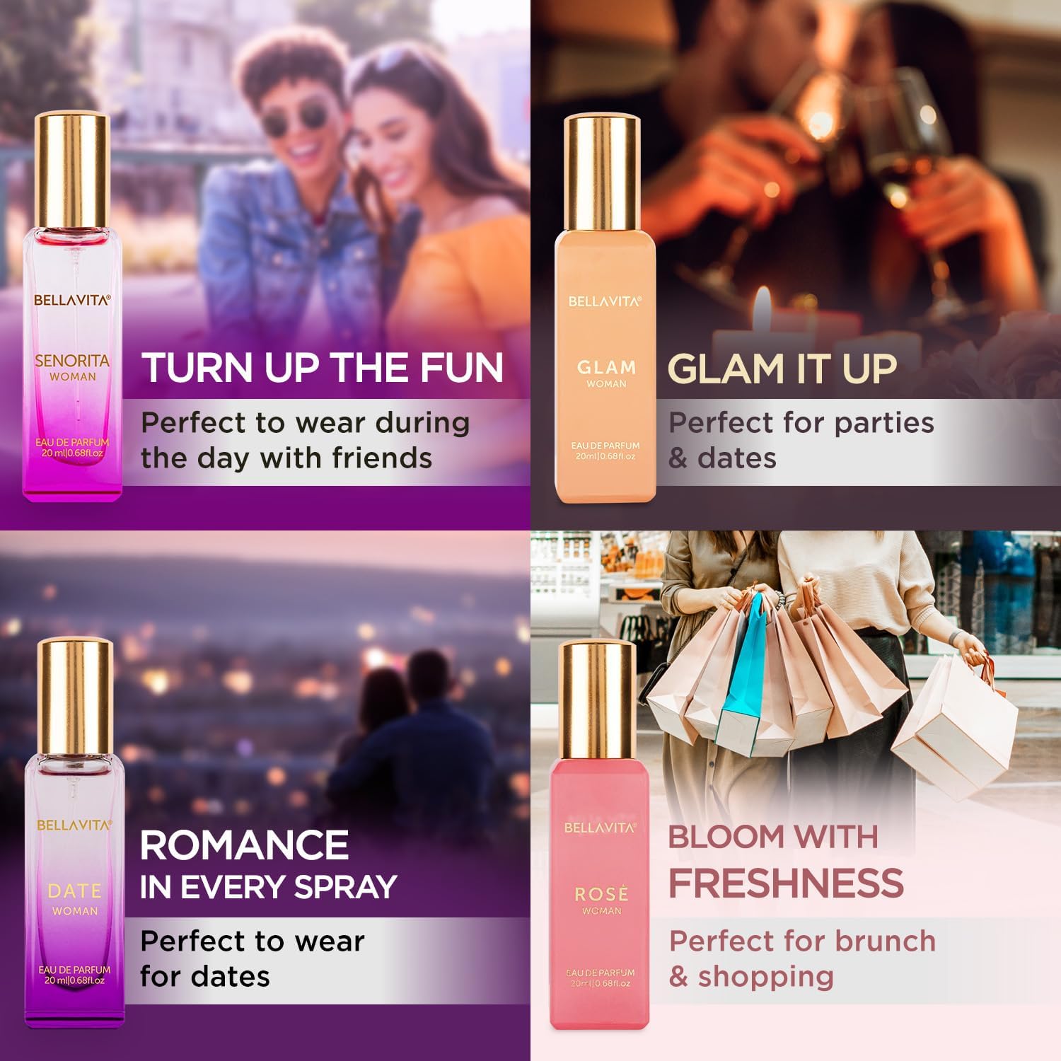 Bella Vita Luxury Long Lasting Perfume Gift Set for Woman | 4x20ml | Gifts for Women | Floral, Fruity, Premium Fragrance Scent | Date, Senorita, Glam, Rose
