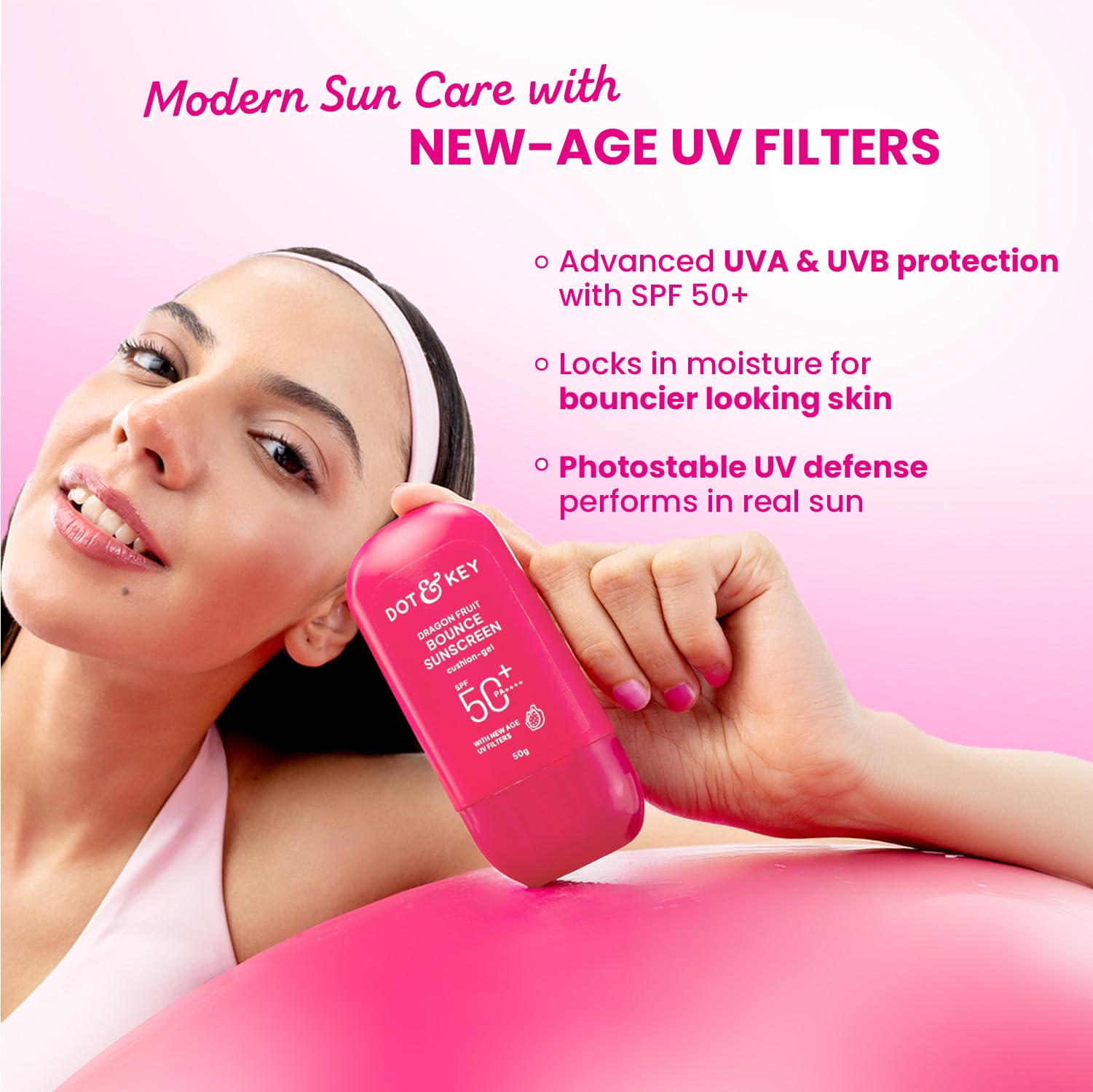 Dot & Key Dragon Fruit Bounce Sunscreen In-Vivo Tested SPF 50+ PA++++, With New-Age UV Filters, Lightweight, Cushion-Gel Texture, Fast-Absorbing, Niacinamide Infused, Broad Spectrum Protection || 50g