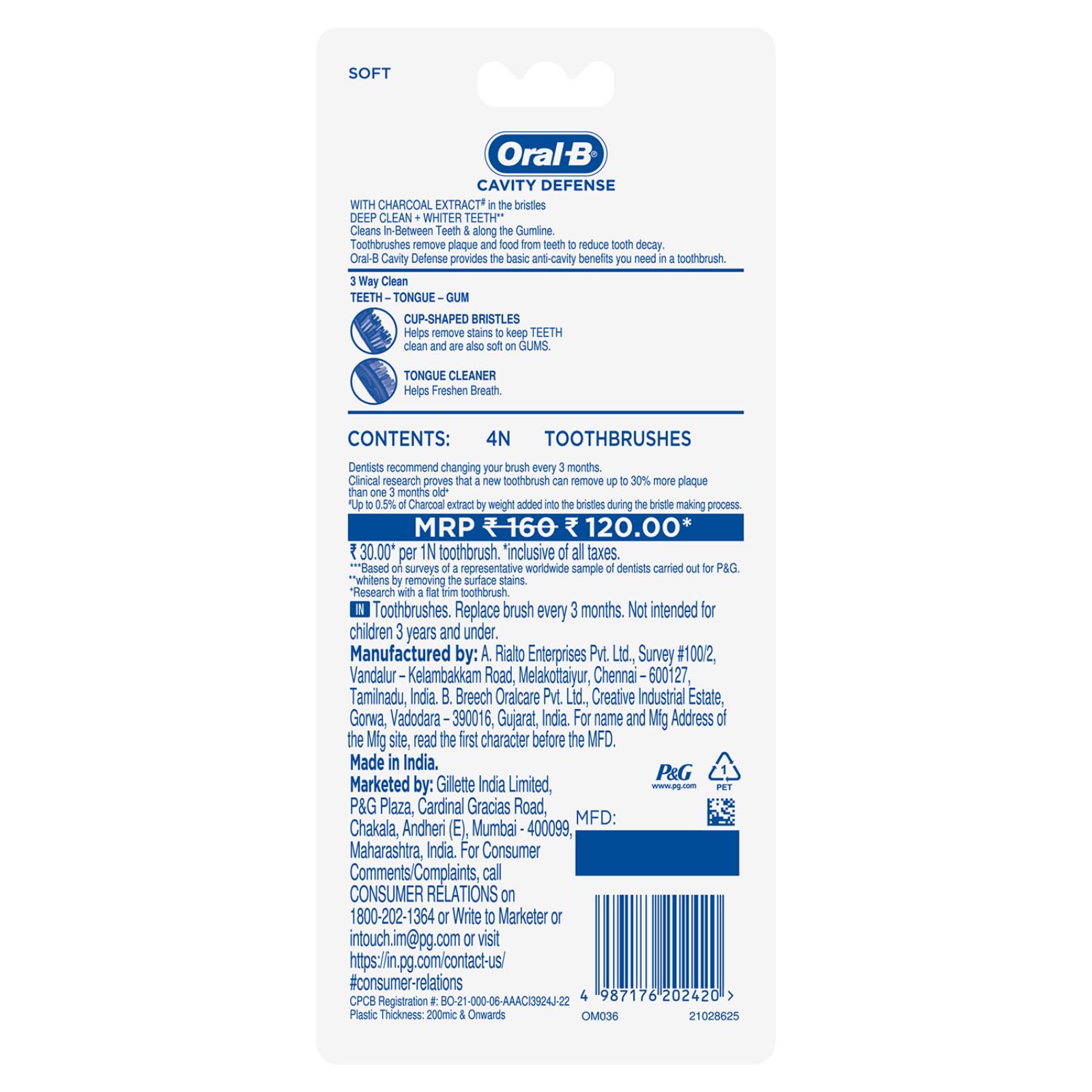 Oral-B Cavity Defense Soft Toothbrush For Adults, Charcoal Extract Soft Bristles, Removes Bacteria For Cavity Protection, Multicolour Toothbrush Set, Oral B Dentist Recommended Brand (Pack of 4)