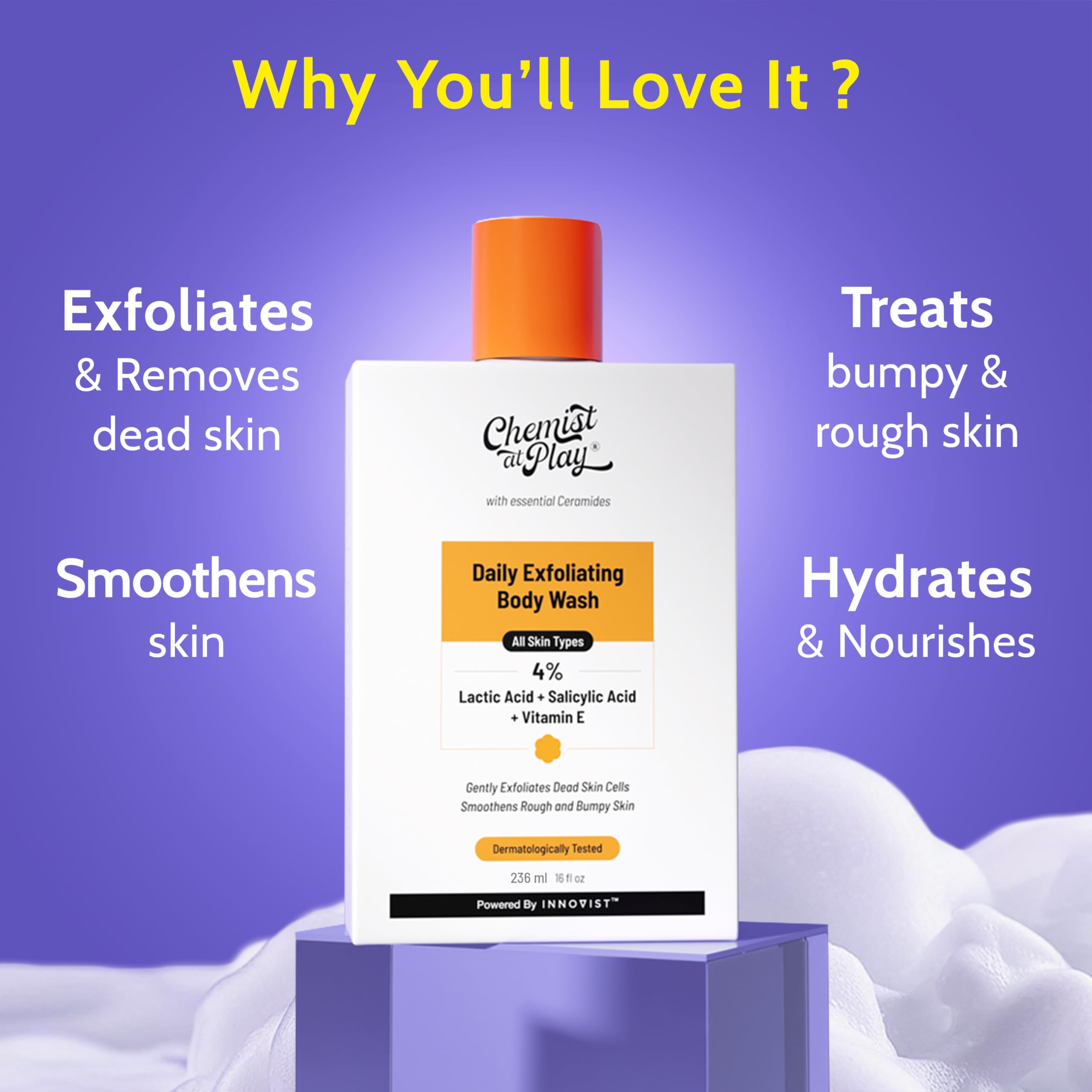 Chemist At Play Exfoliation 236ml | 4% (Salicylic Acid, Vitamin E and Lactic Acid) | Paraben & SLS Free | Gentle Exfoliating Shower Gel | Removes Tan & Body Acne | Prevents Dry, Rough, Bumpy Skin | Unisex