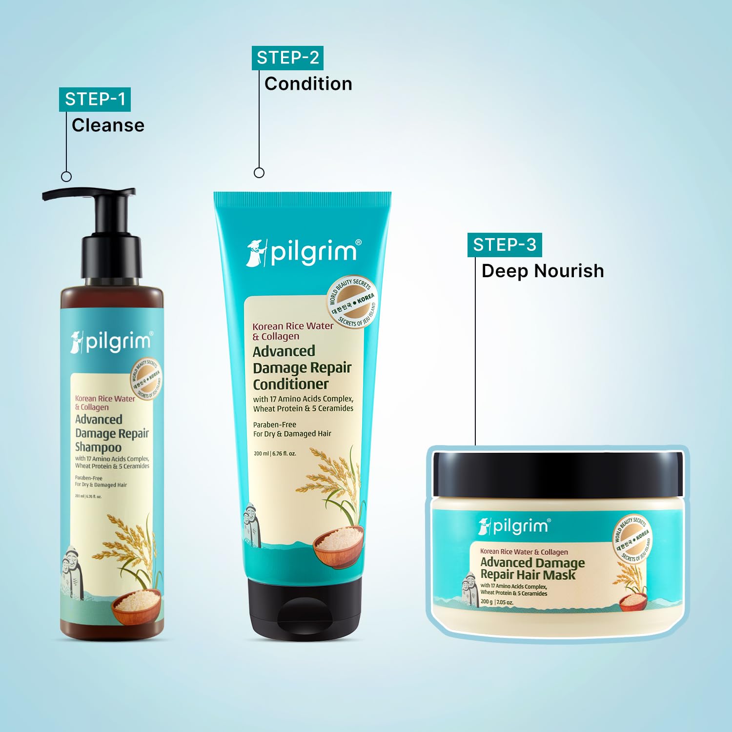 Pilgrim Korean Rice Water & Collagen Advanced Damage Repair Mask – 200Gm | Deep Repair for Dry, Frizzy & Damaged Hair | With 17 Amino Acids, Wheat Protein & Ceramides | Paraben-Free | For Women & Men