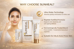 Sun-heal Ultra Matte Gel Sunscreen SPF 50+ PA++++ | UVA/UVB/IR Protection | Oil-Free & Non-Comedogenic | Water & Sweat Resistant | Anti-Ageing Peptide Formula | 50g