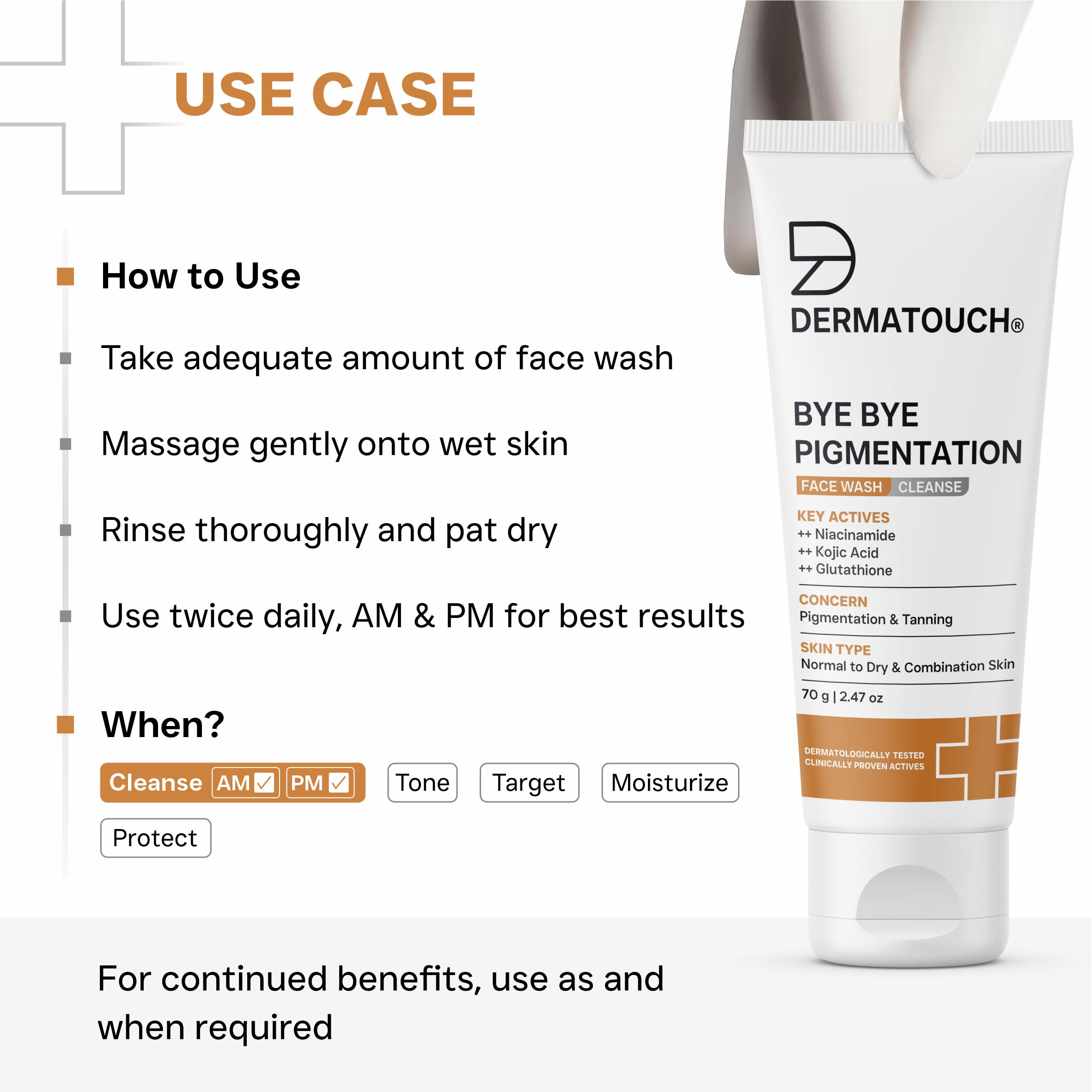 DERMATOUCH Bye Bye Pigmentation Face Wash | Niacinamide, Kojic Acid & Glutathione | For Tan and Anti-Pigmentation | Dermatologist Tested | For Men & Women | 70g