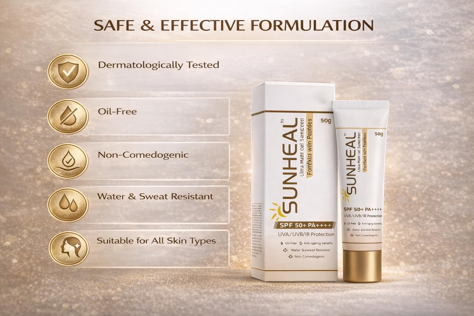 Sun-heal Ultra Matte Gel Sunscreen SPF 50+ PA++++ | UVA/UVB/IR Protection | Oil-Free & Non-Comedogenic | Water & Sweat Resistant | Anti-Ageing Peptide Formula | 50g