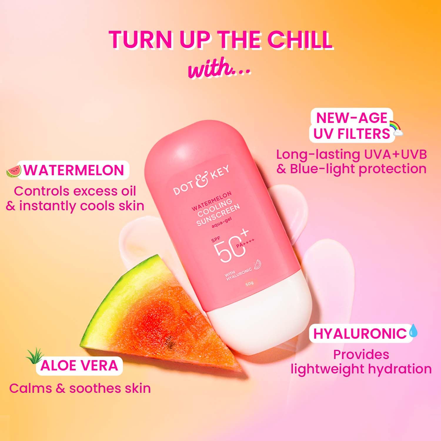 Dot & Key Watermelon Cooling Sunscreen, In-Vivo Tested SPF 50+ PA++++, With New-Age UV Filters, Instantly Cools skin, Controls Excess Oil, Broad Spectrum Protection, No White Cast, No White Cast | 50g