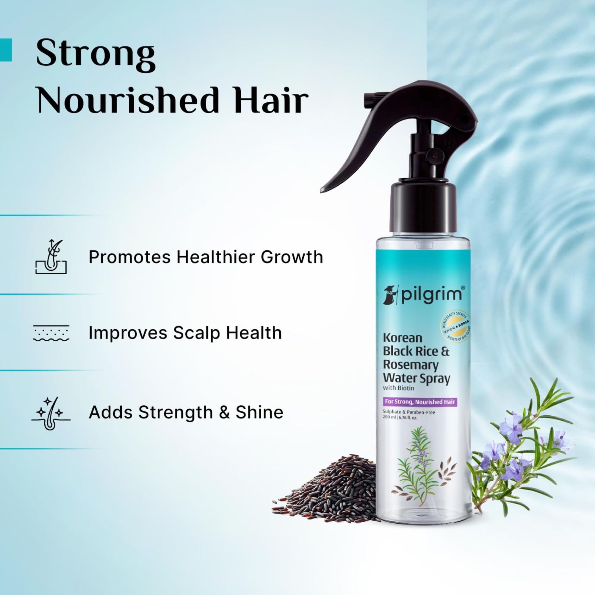 Pilgrim Korean Black Rice and Rosemary Water Spray With Biotin For Strong, Nourished Hair 200ml | Spray for Regrowth | Thicker & Stronger Hair | Sulphate & Paraben Free I For Women for Men