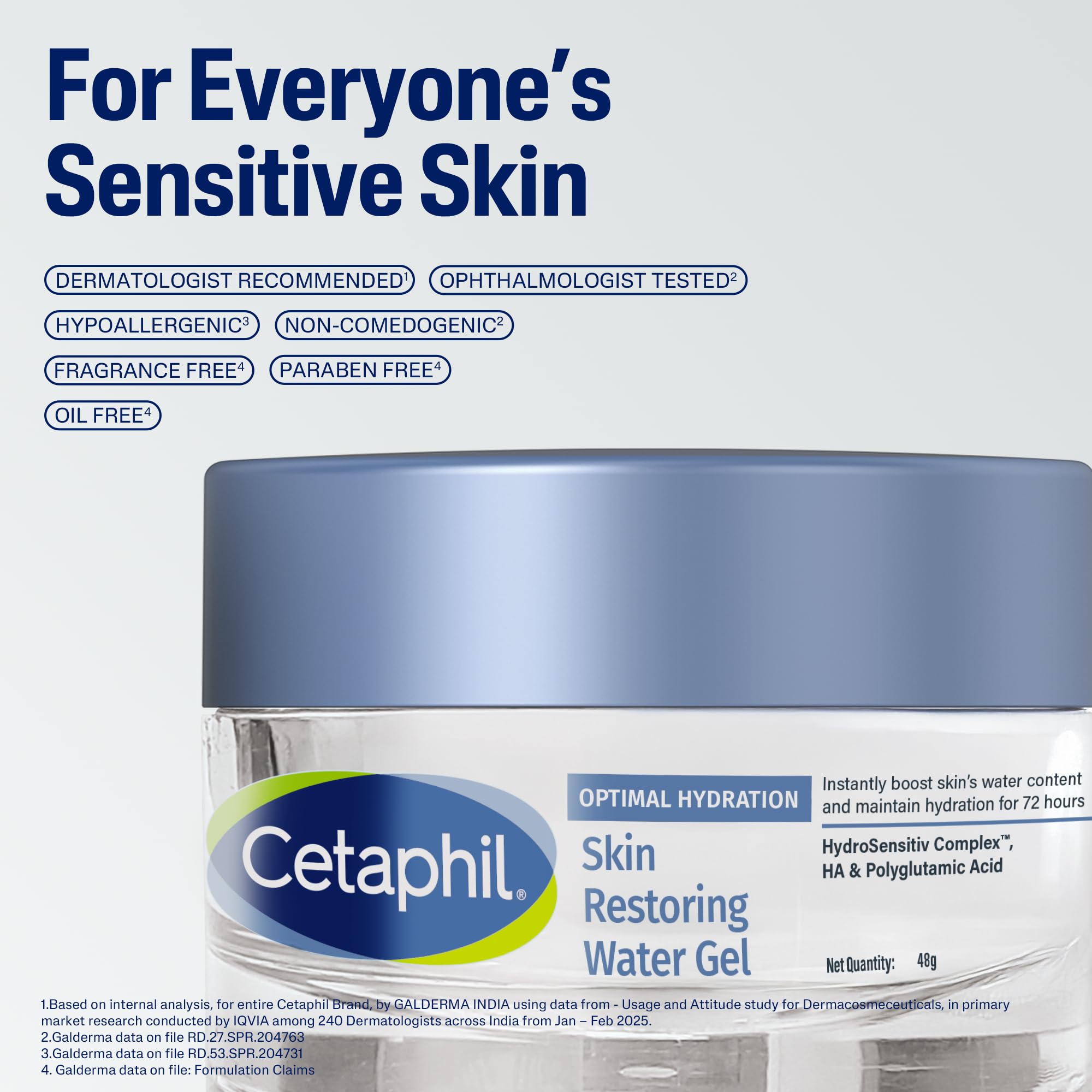 Cetaphil Optimal Hydration Restoring Water Gel 48 g – Lightweight 72H Weightless Hydrating Gel for Dry & Sensitive Skin | Daily Moisturisation Hydro Boost & Skin Refreshing Formula