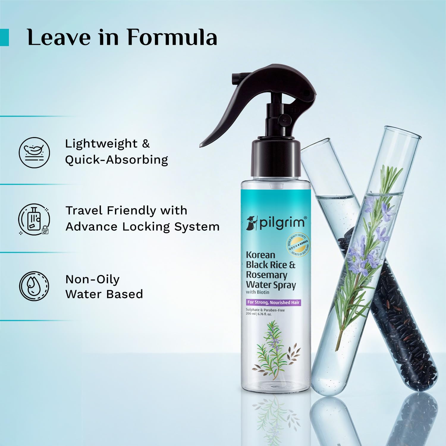 Pilgrim Korean Black Rice and Rosemary Water Spray With Biotin For Strong, Nourished Hair 200ml | Spray for Regrowth | Thicker & Stronger Hair | Sulphate & Paraben Free I For Women for Men