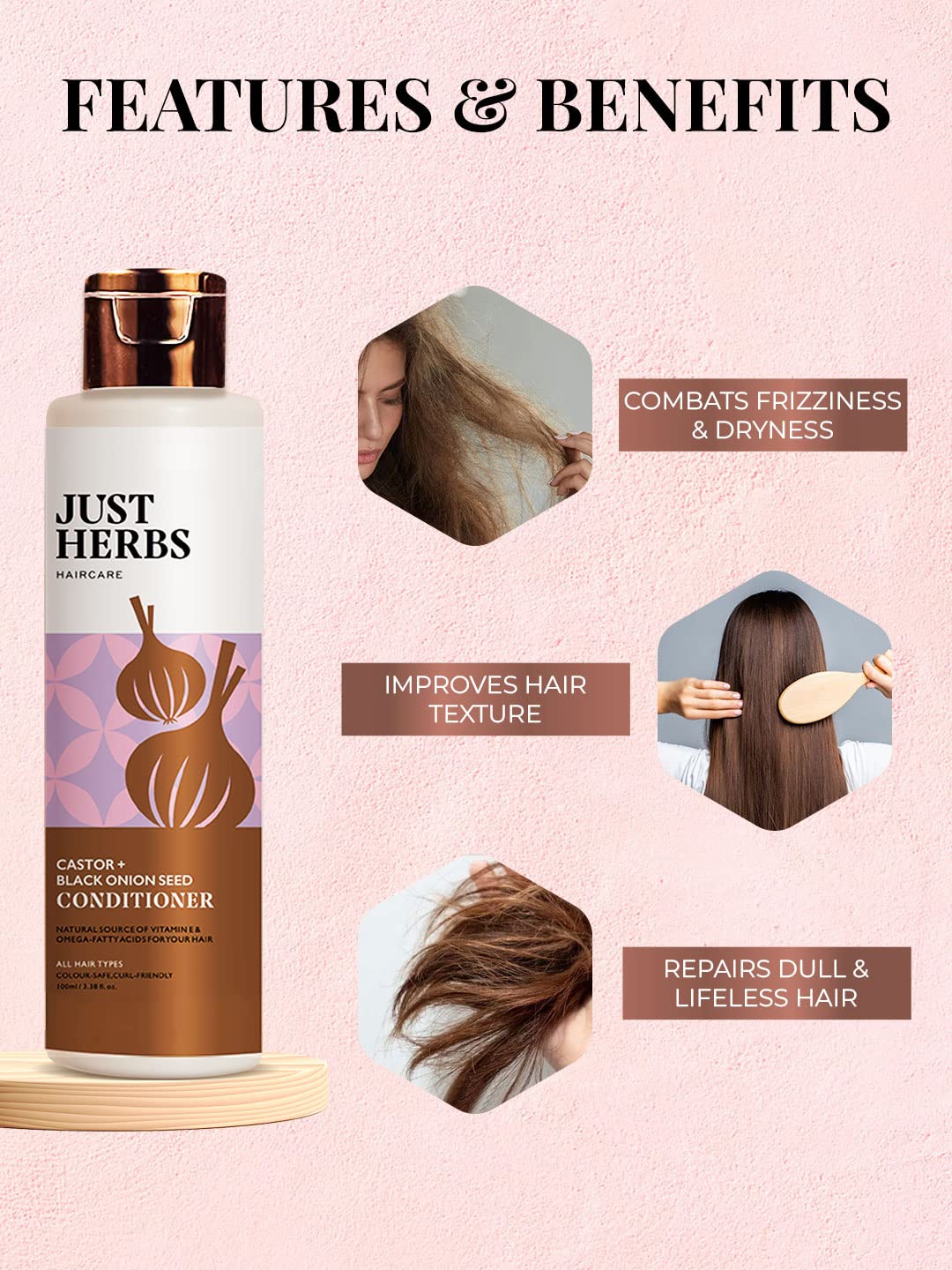 Just Herbs Ayurvedic Castor Conditioner with Onion Black Seed Oil & Bhringraj Shampoo For Color Treated Hair | Controls Frizz & Moisturizes Hair -100 ml
